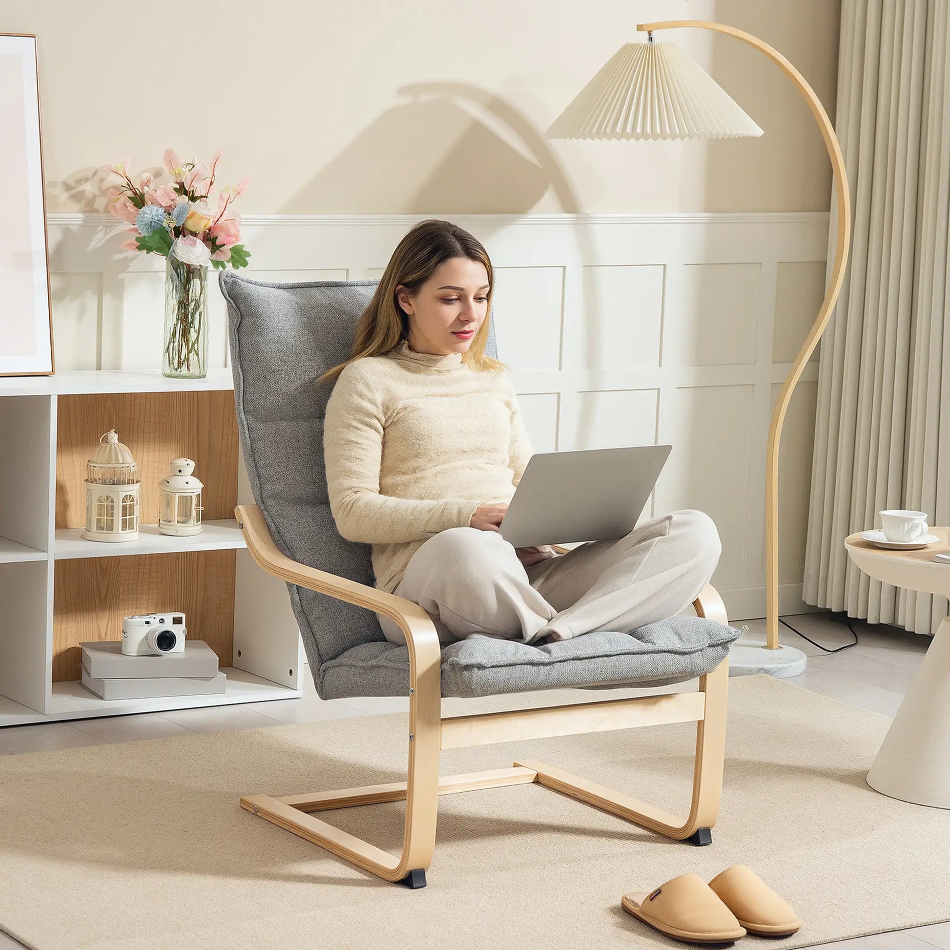 Modern Armchair, Upholstered Accent Chair, Curved Leg, Light Grey Accent Chairs at Gallery Canada