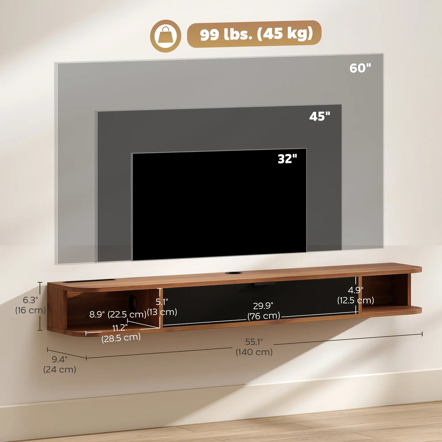 55 Inch Floating TV Stand, Wall Mounted Media Console, Walnut TV Stands at Gallery Canada
