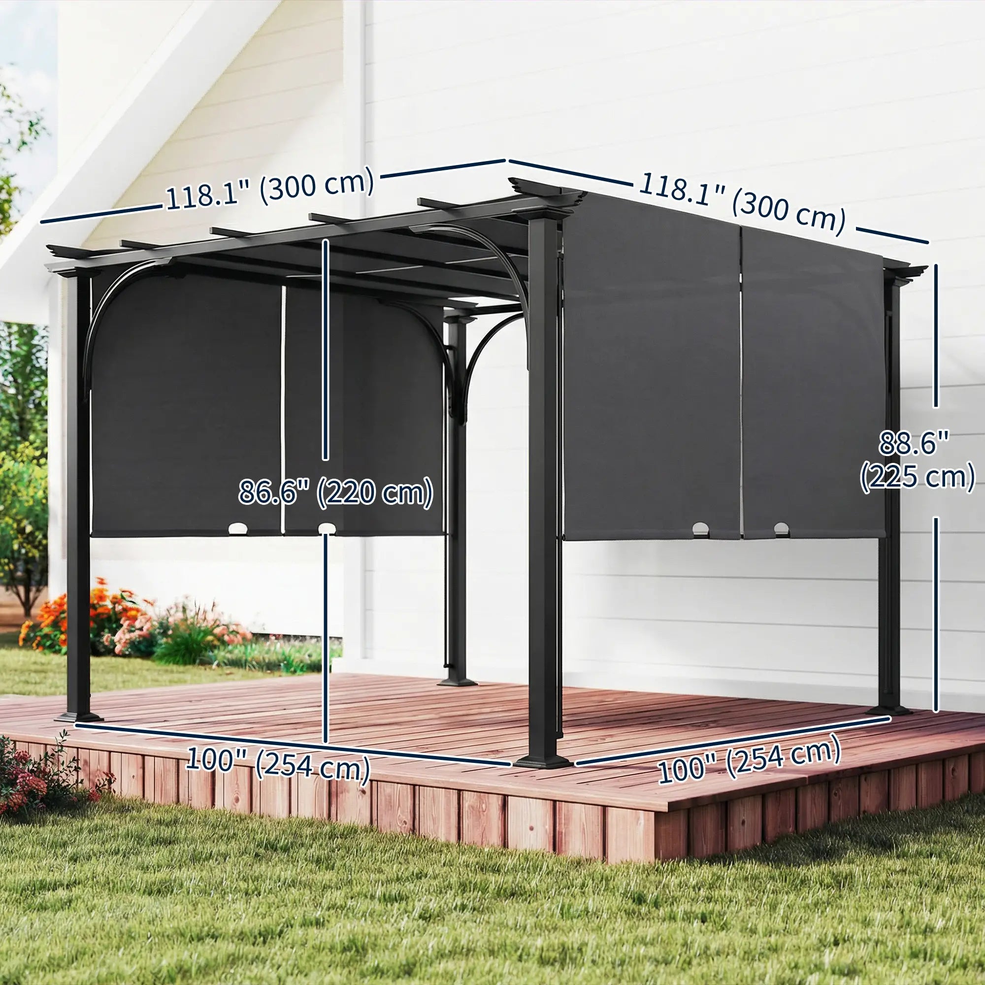10' x 10' Retractable Pergola Canopy, UPF50+ Outdoor Metal Gazebo, Dark Grey Pergolas at Gallery Canada
