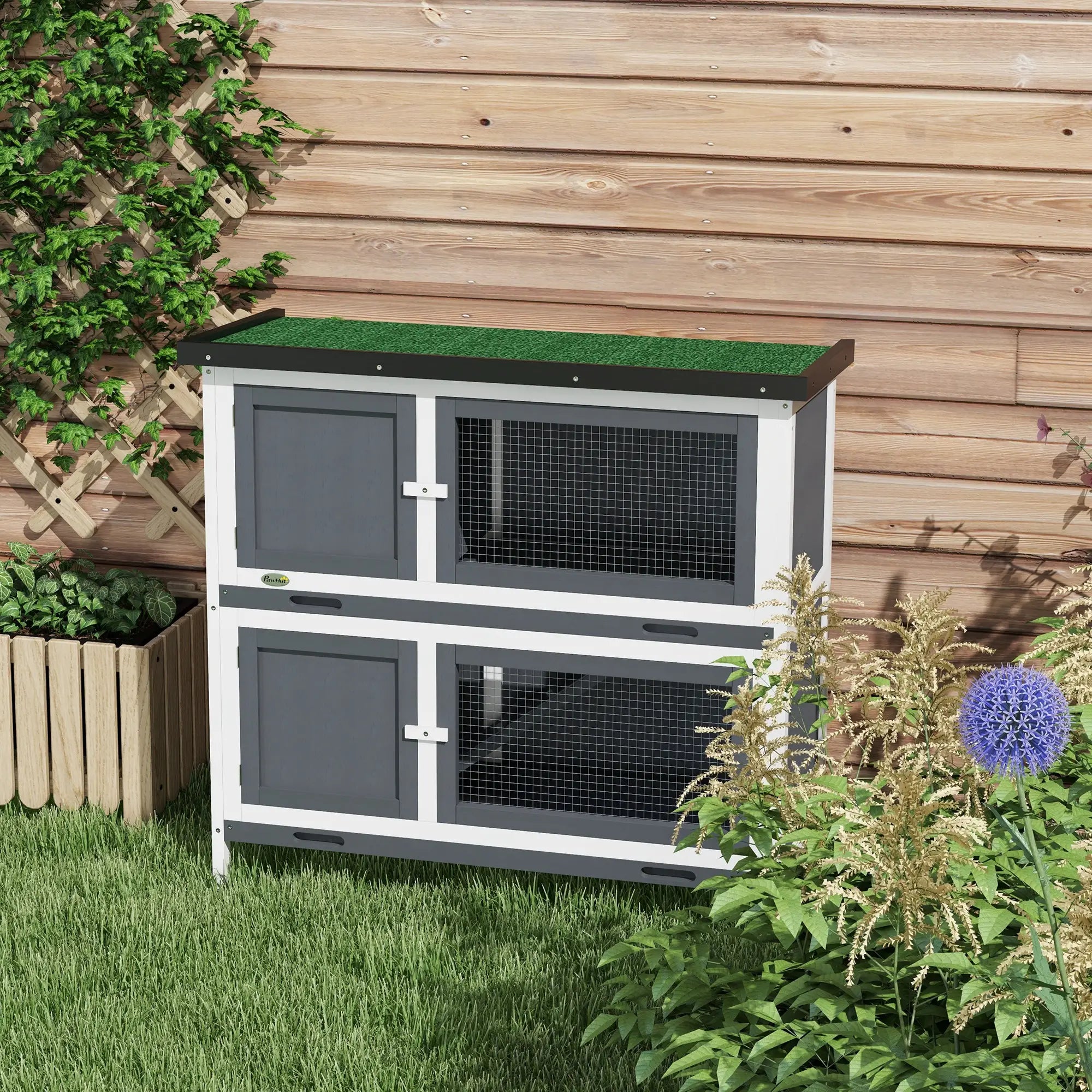 Wood Rabbit Hutch, 2 Large Main House, Ramp, Trays, Grey Rabbit Hutch at Gallery Canada
