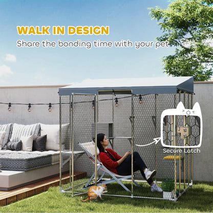79" L Galvanized Steel Catio, Outdoor Cat Enclosure, 420D Waterproof Canopy, Multiple Platforms, Resting Condo, Silver Outdoor Cat Enclosures at Gallery Canada