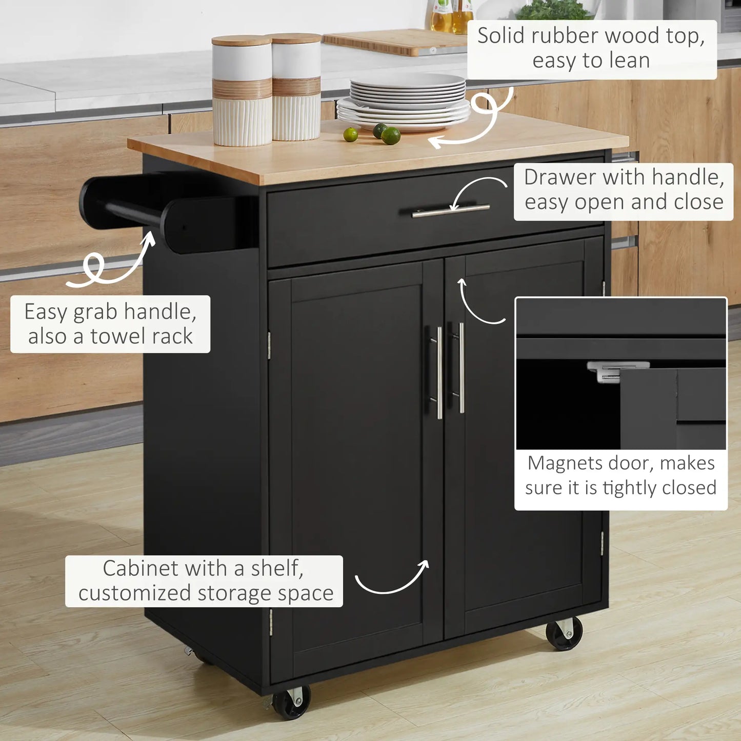 Rolling Kitchen Island Cart, Wood Top, Storage Drawer, Towel Bar, Shelves, Black Kitchen Islands & Kitchen Carts at Gallery Canada