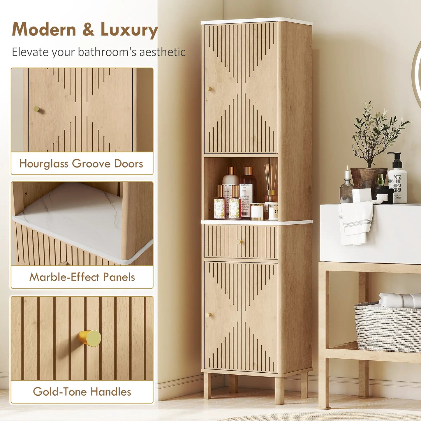 66 in Tall Bathroom Cabinet With Drawer, Oak