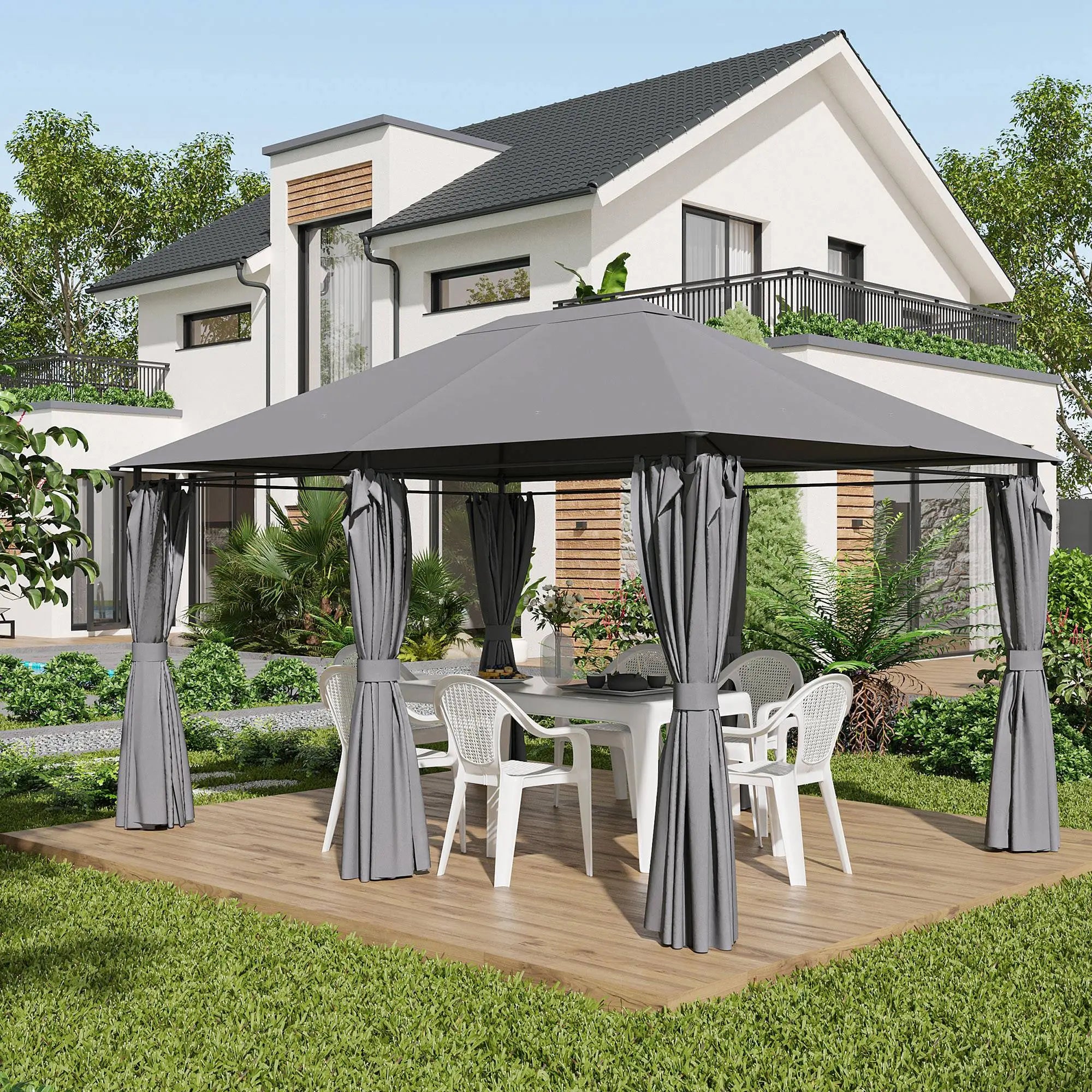 13'x10' Steel Patio Gazebo, Soft Top, 6 Removable Curtains, Grey Gazebos at Gallery Canada