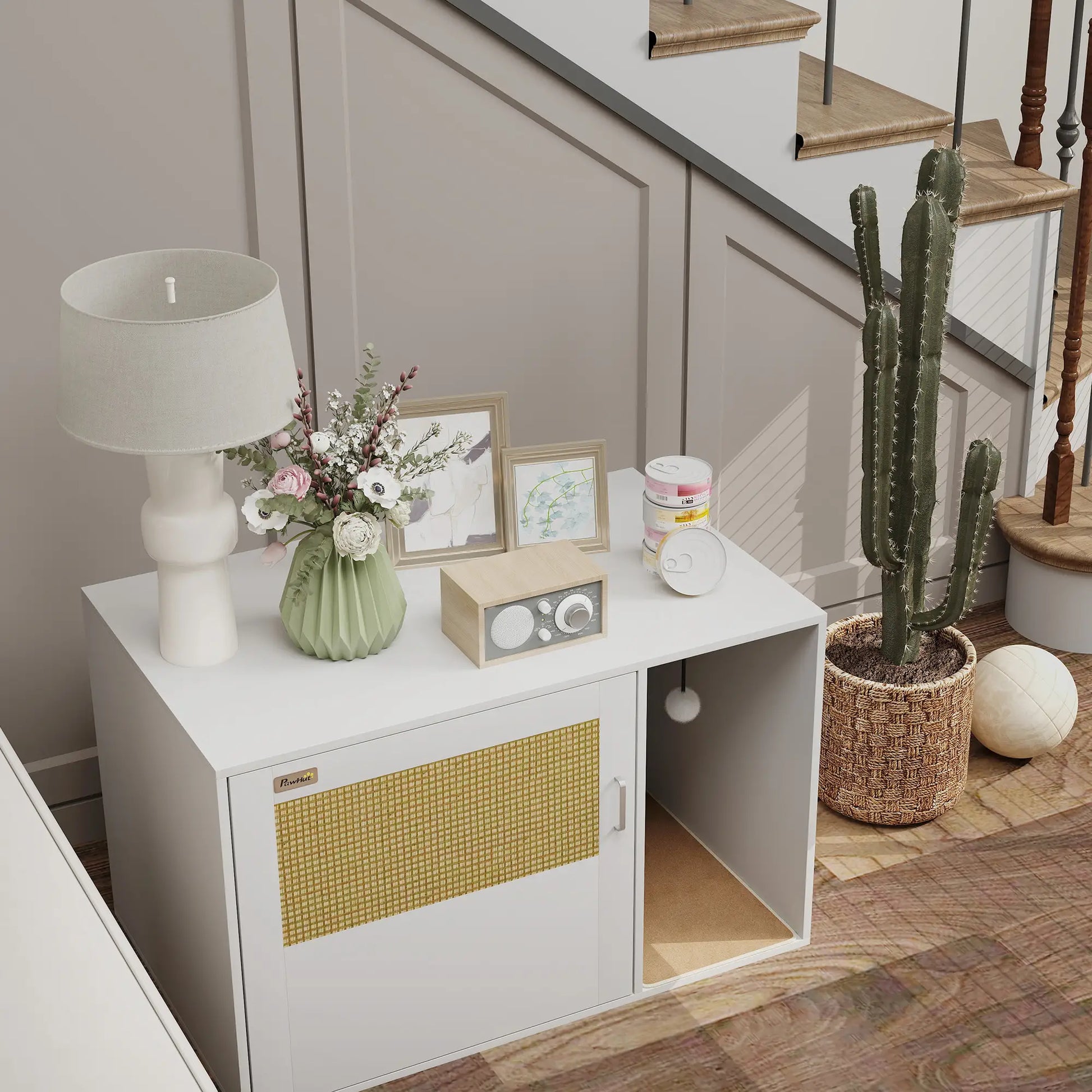 Cat Litter Box Enclosure, End Side Table with Rattan Door, Scratching Pad, White Cat Litter Box Enclosures at Gallery Canada