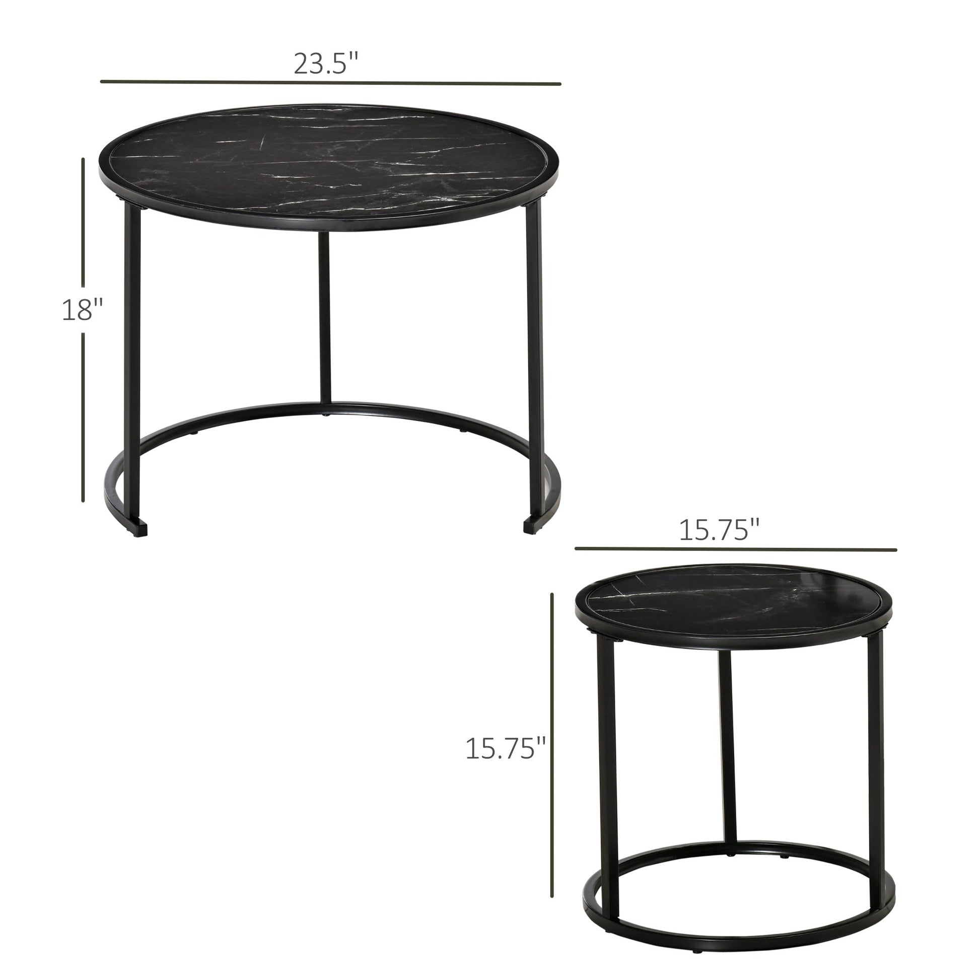Round Nesting Coffee Table Set of 2, Stacking Modern Accent Tables with Faux Marble Tabletop and Metal Frame for Living Room, Black - Gallery Canada