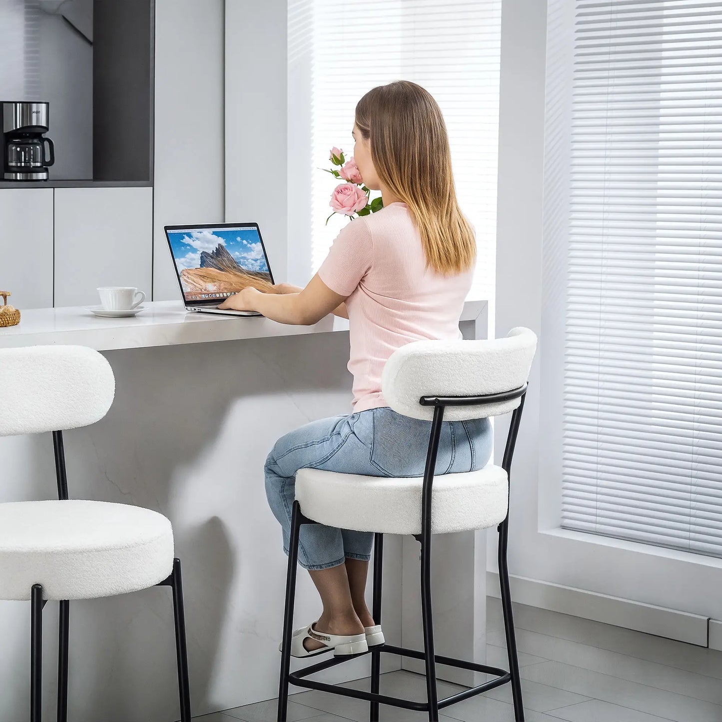 Set of 2 Barstools, Upholstered with Backrest, Footrest, Cream White Bar Stools at Gallery Canada