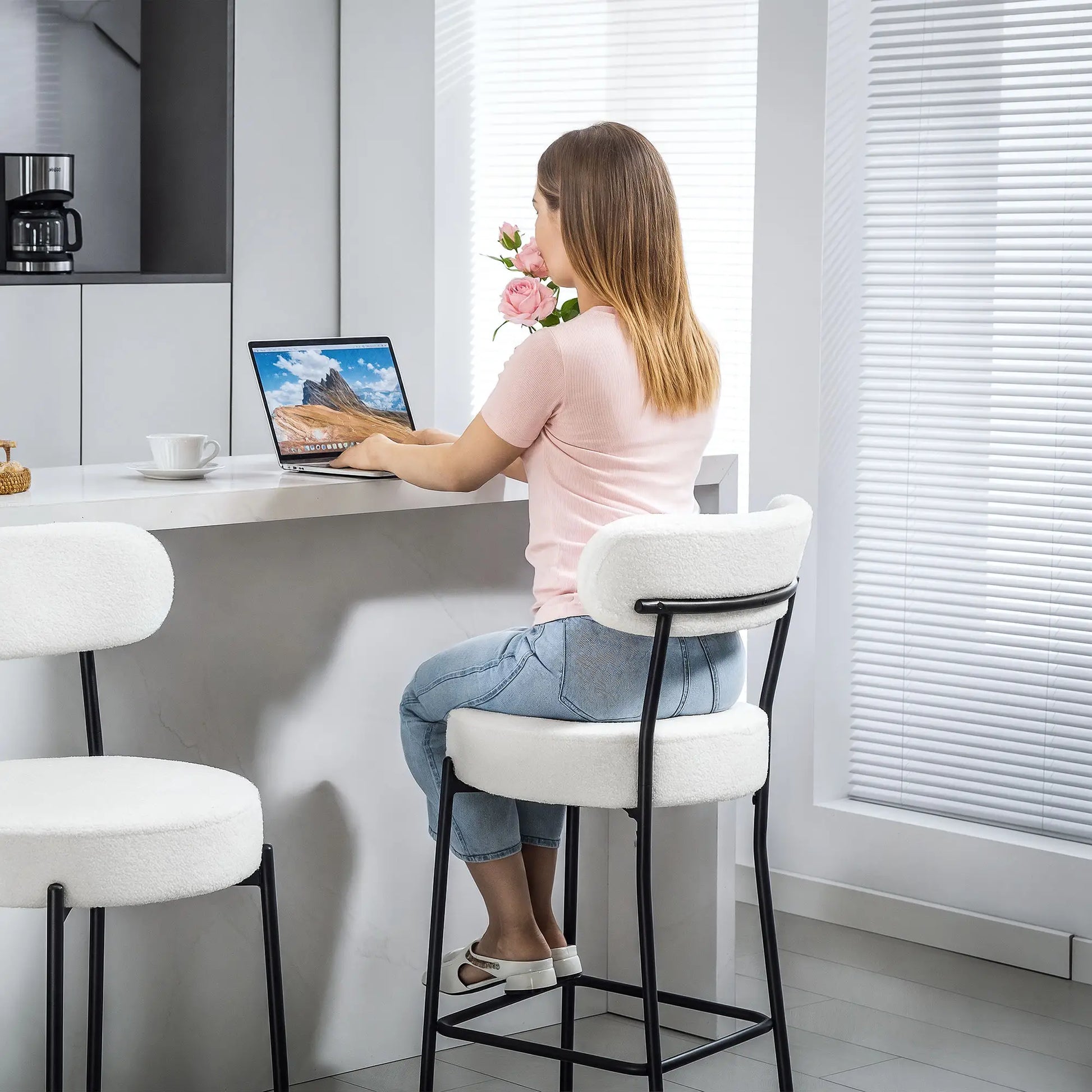 Set of 2 Barstools, Upholstered with Backrest, Footrest, Cream White Bar Stools at Gallery Canada