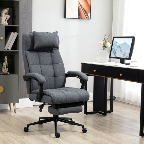 Office Chair Executive Linen-Feel Fabric High Back Swivel Task Chair with Upholstered Retractable Footrest, Headrest and Padded Armrest, Dark Grey