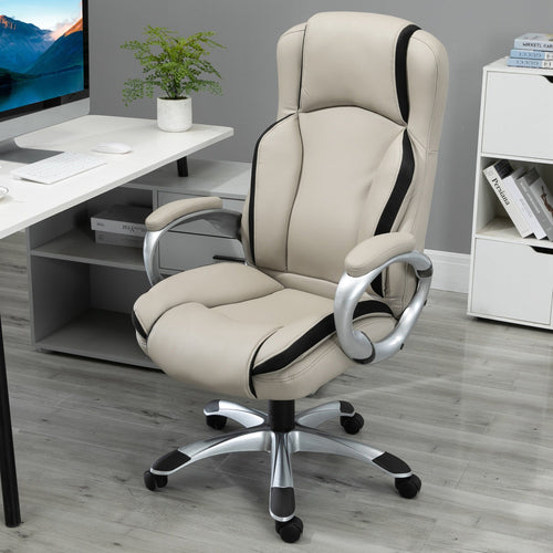Office Chair PU Leather Executive on Rolling Wheels Task Computer Height Adjustable Swivel Ergonomic, Greige and Black