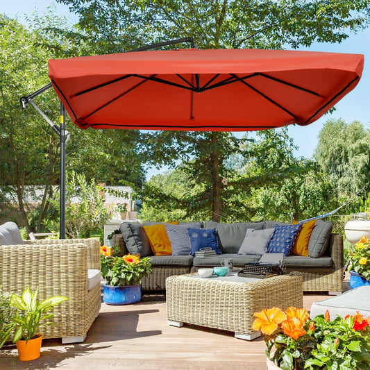 Offset Patio Umbrella with Net and Umbrella Base, Adjustable Cantilever Canopy with Cross Base, Weight Plates and 8 Ribs for Backyard, Poolside, Garden, Wine Red - Gallery Canada