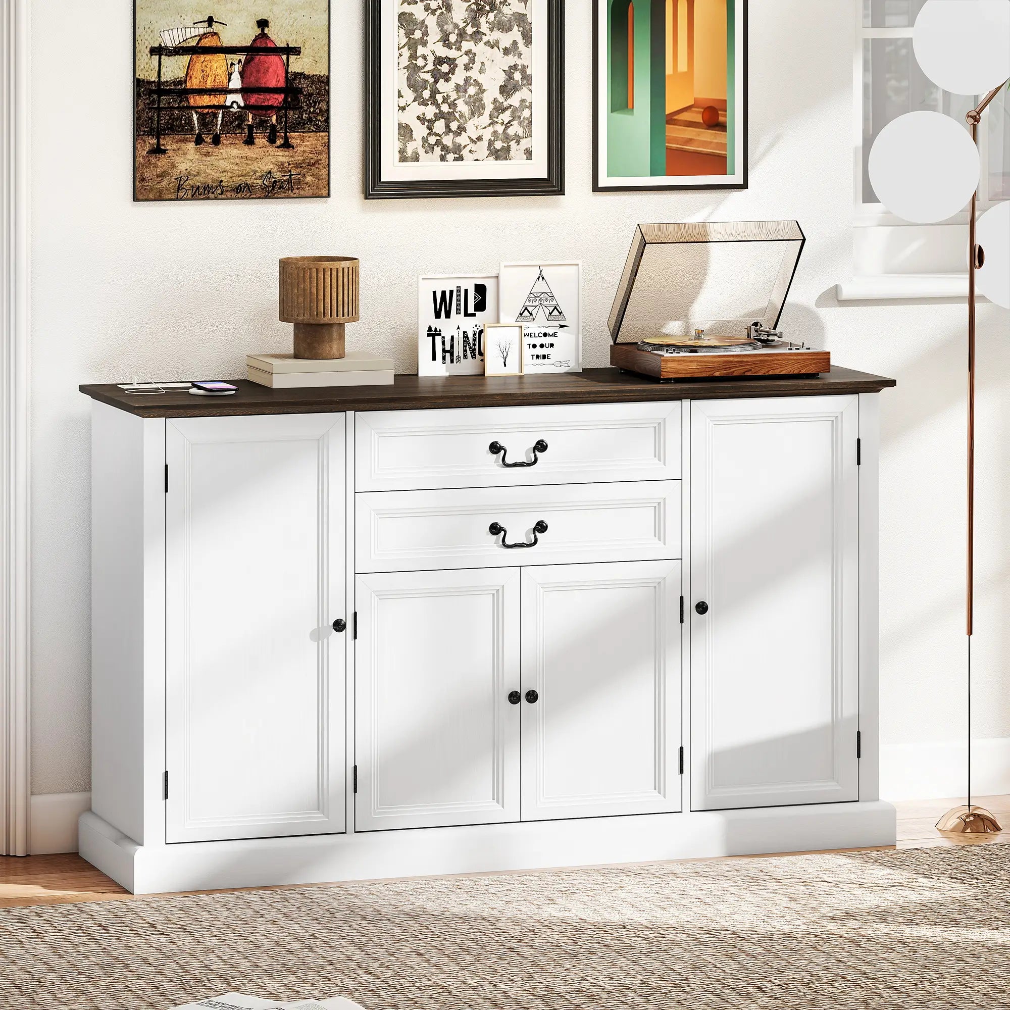Farmhouse Sideboard with Charging Station, 58 Inch Buffet Cabinet, White Storage Cabinets at Gallery Canada