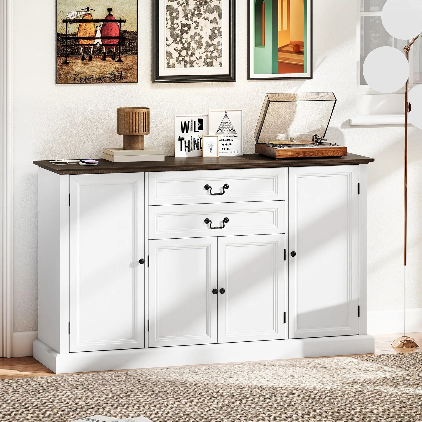 Farmhouse Sideboard with Charging Station, 58 Inch Buffet Cabinet, White Storage Cabinets at Gallery Canada