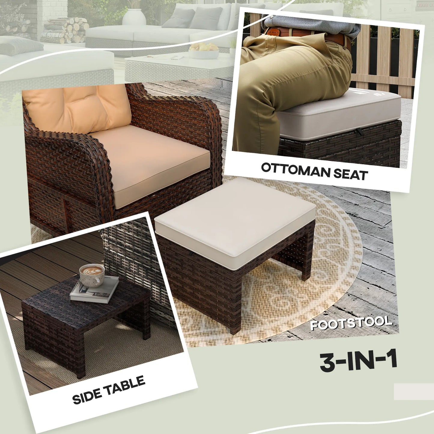 2 Wicker Outdoor Ottomans, Removable Cushions, Rattan Seating, Khaki Patio Furniture Sets at Gallery Canada