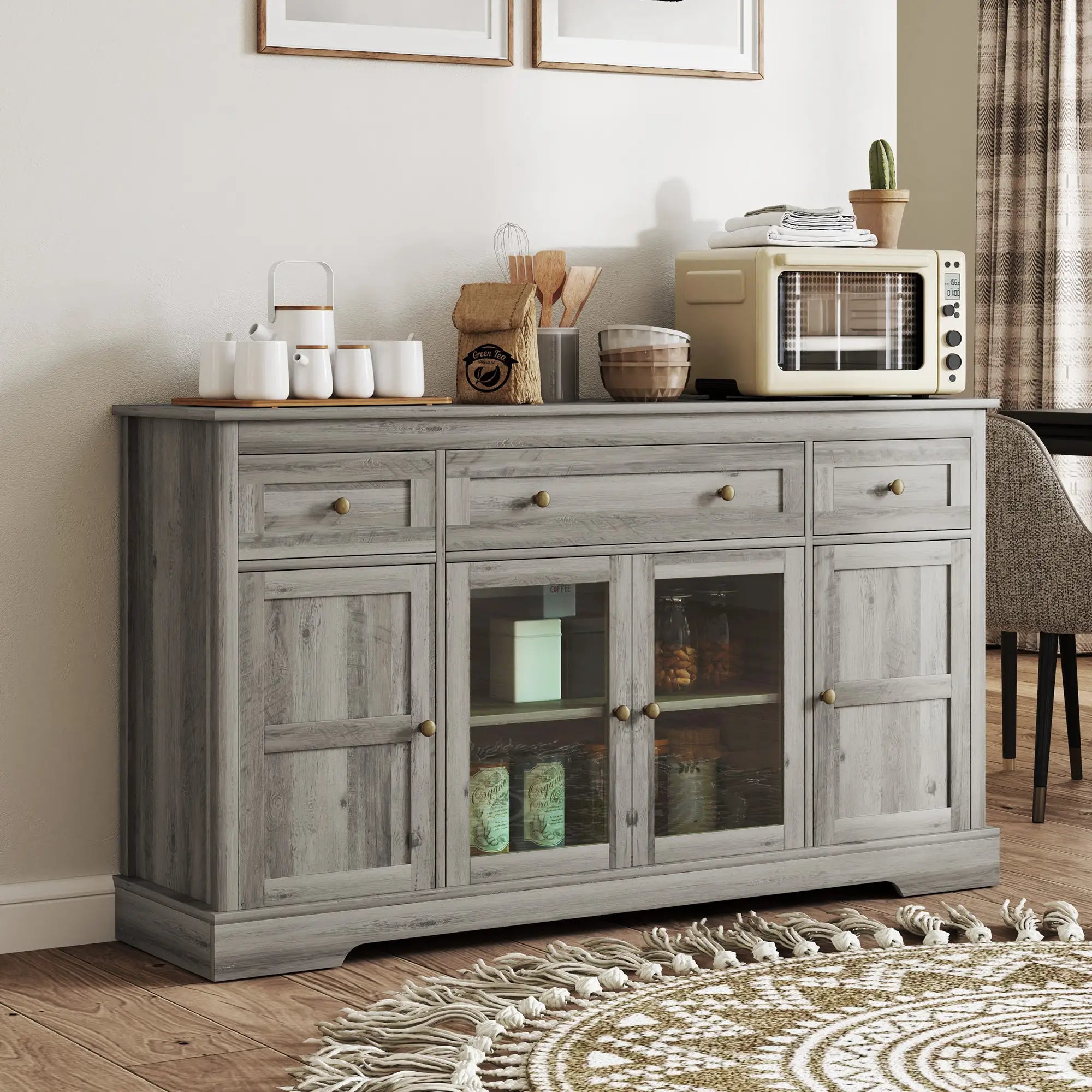 Sideboard Buffet Cabinet, Coffee Bar with Glass Doors, Adjustable Shelves, Weathered Grey Oak, Grey Bar Cabinets at Gallery Canada