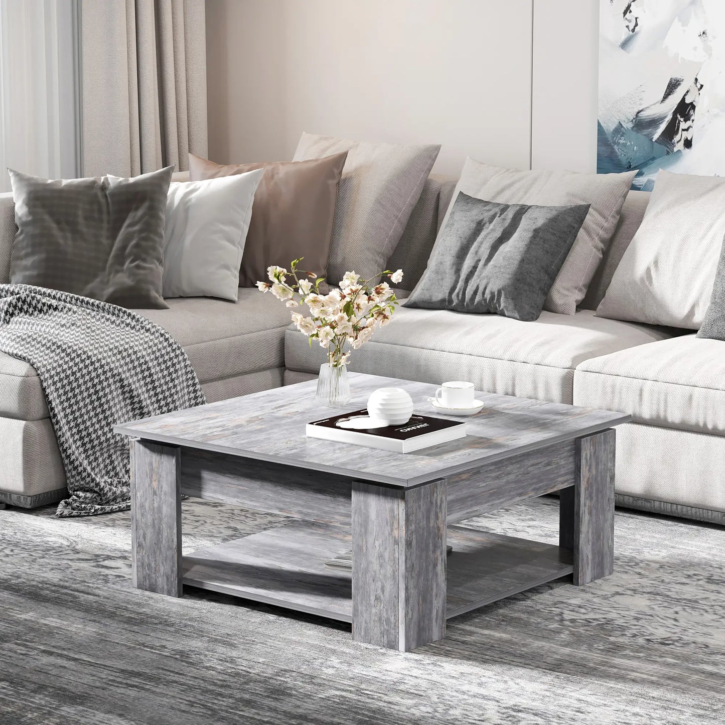Modern Coffee Table with Storage, Square, Living Room, Grey