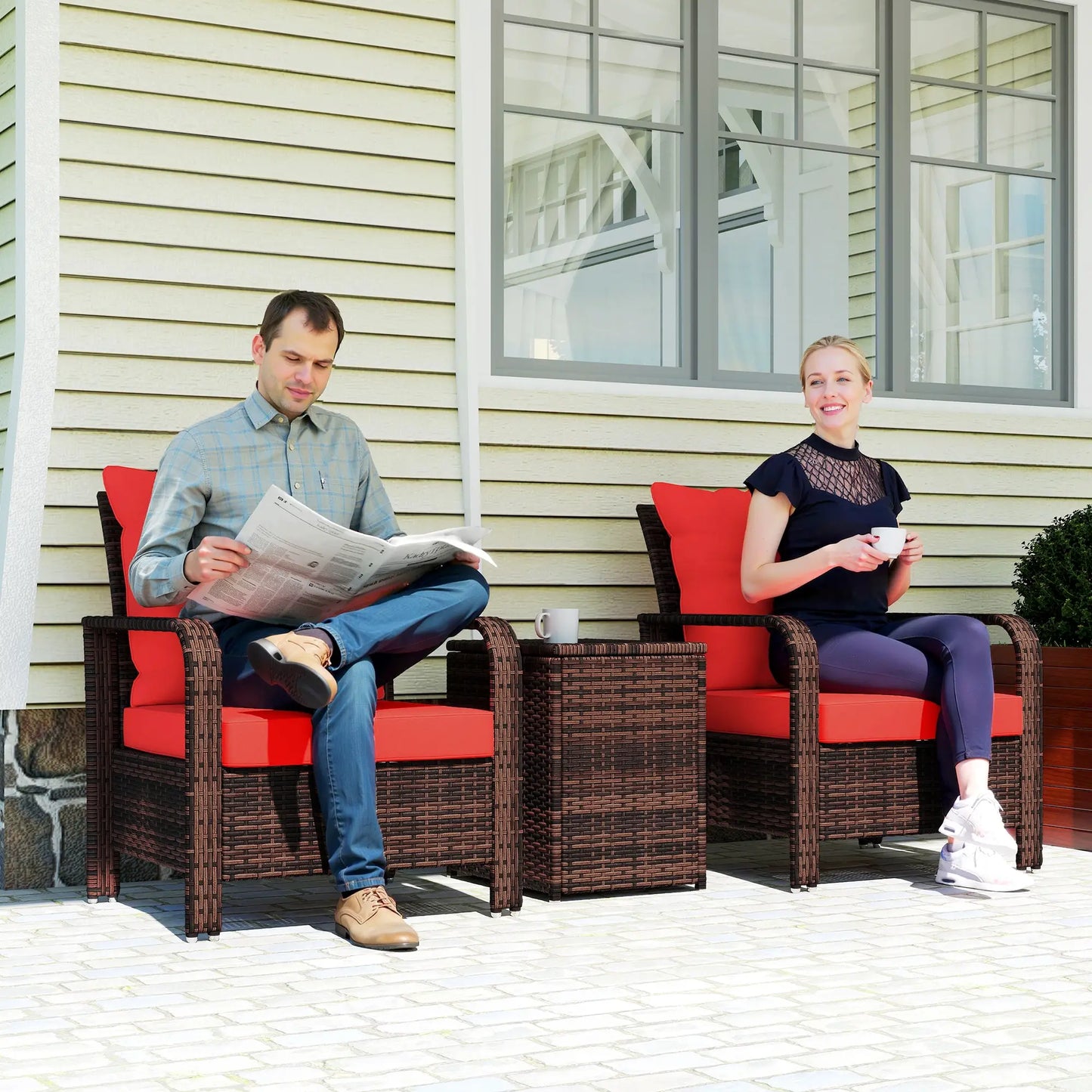 3 Pc Wicker Patio Set, Rattan Bistro with Storage Table, Thickened Cushions, Outdoor Garden Set, Red Bistro Sets at Gallery Canada