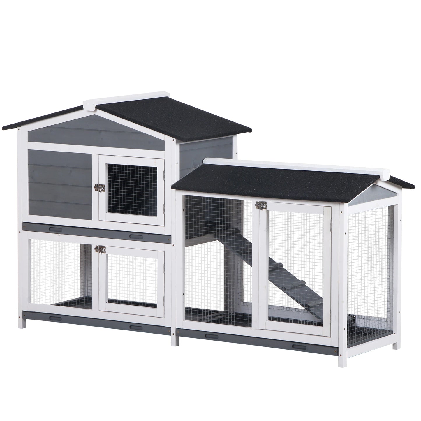 2-Tier Wooden Rabbit Hutch With Ramp, Outdoor Run, Grey Rabbit Hutch Grey, White, Black at Gallery Canada