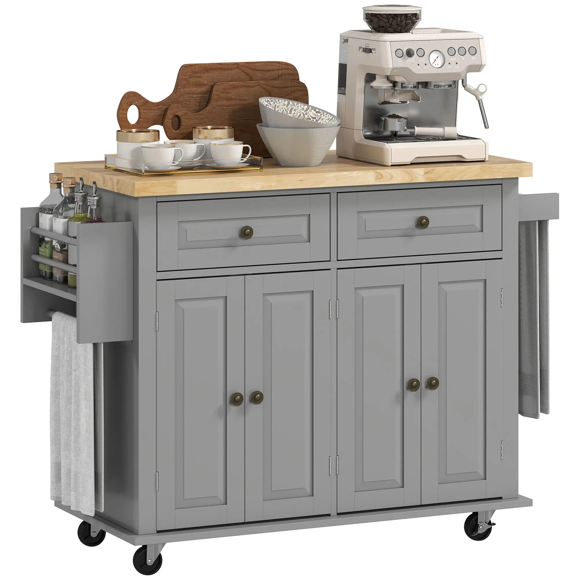 Kitchen Island with Storage, Rolling Cart, Rubber Wood Top, Grey Kitchen Islands & Kitchen Carts Grey at Gallery Canada