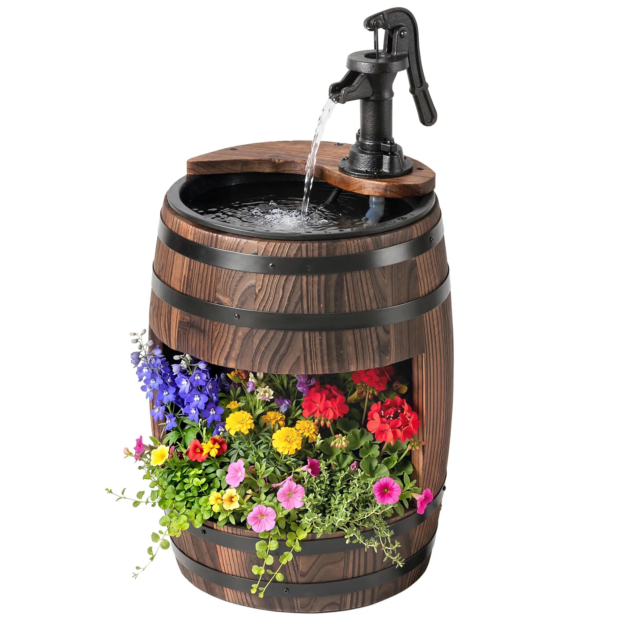 Wooden Outdoor Fountain, Electrical Barrel Waterfall, 3600r/min Pump, Carbonized Water Fountains at Gallery Canada