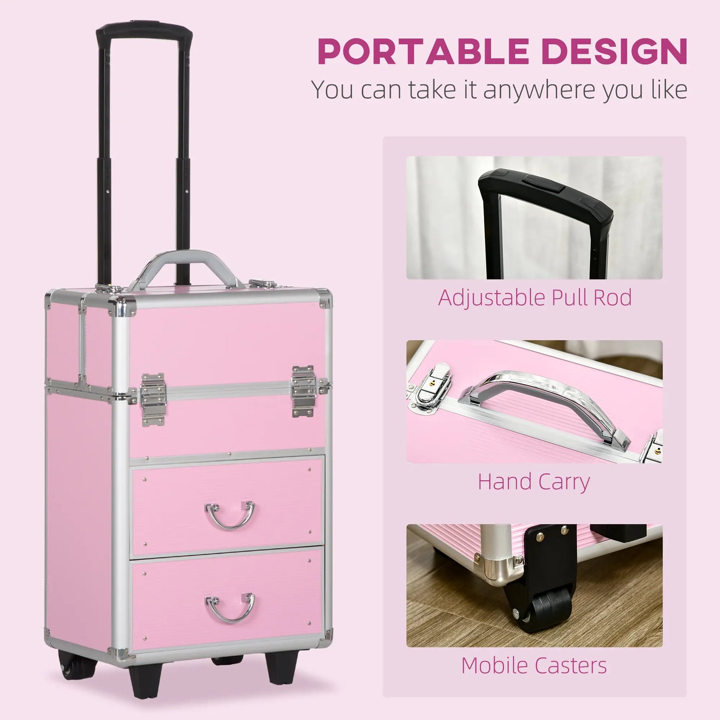Rolling Makeup Train Case, Large Storage Cosmetic Trolley, Lockable Traveling Cart Trunk with Folding Trays, Swivel Wheels Makeup Cases at Gallery Canada