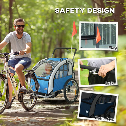 2-in-1 Bike Trailer for Kids, Foldable 2-Seat Stroller, Blue Kids Bike Trailers at Gallery Canada