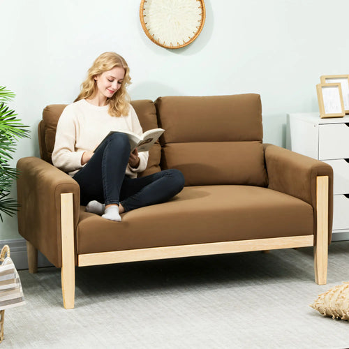 53 Inch Loveseat Sofa, 2 Seater Couch, Solid Wood Legs, Modern Velvet, Brown