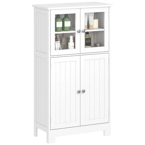 Bathroom Floor Storage Cabinet, Tempered Glass Doors, Adjustable Shelf, White