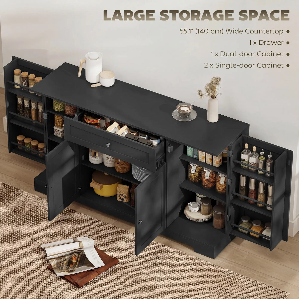 55" Kitchen Cabinet With Drawer, Adjustable Shelves, Black Bar Cabinets at Gallery Canada