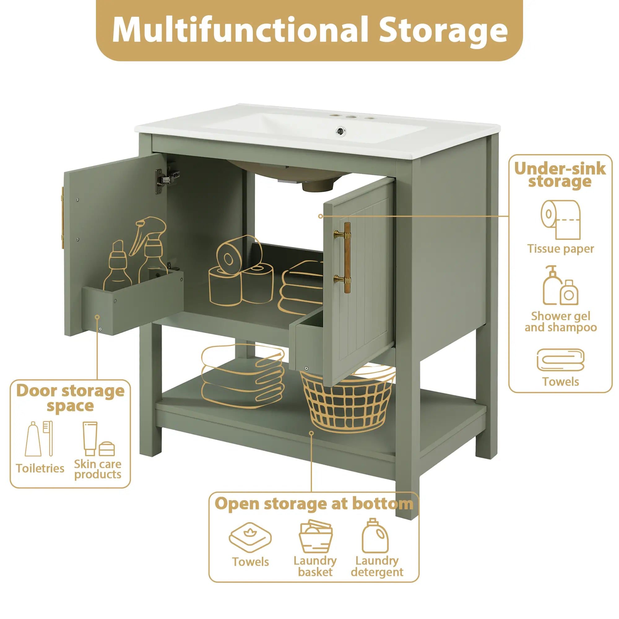 Bathroom Vanity with Ceramic Sink, Soft Close Doors, 30