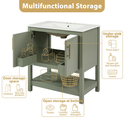 Bathroom Vanity with Ceramic Sink, Soft Close Doors, 30" L x 18.5" W x 34" H, Green+White Sink Cabinets at Gallery Canada