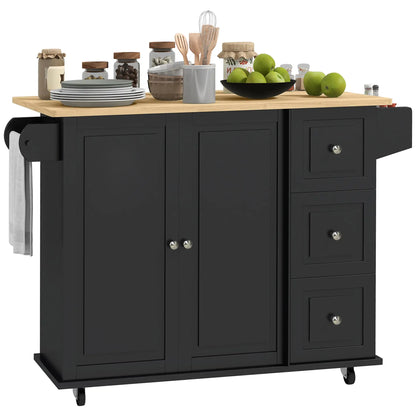 Kitchen Island on Wheels, Drop Leaf Cart with Drawers, Black
