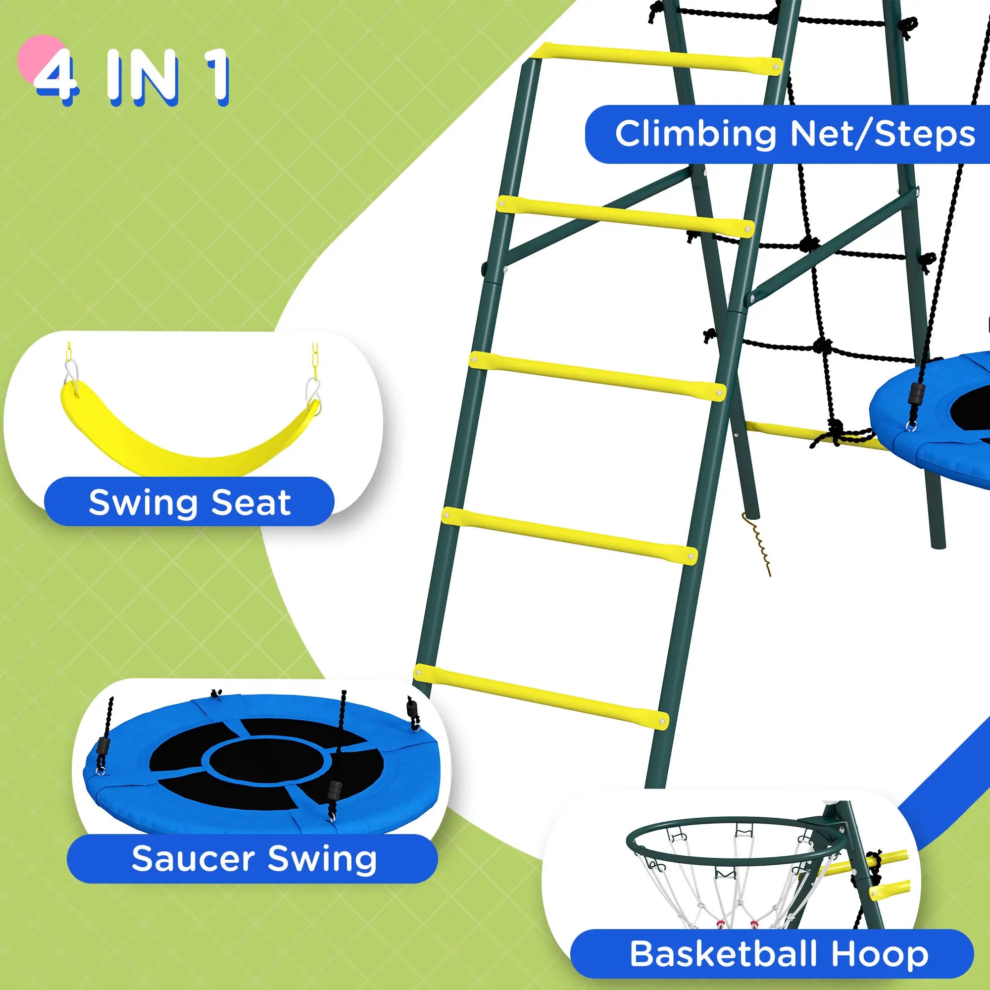 4 in 1 Swing Set, Saucer Swing, Seat, Ladder, Basketball Hoop, 3-8 Years, Yellow Gym Sets & Swings at Gallery Canada