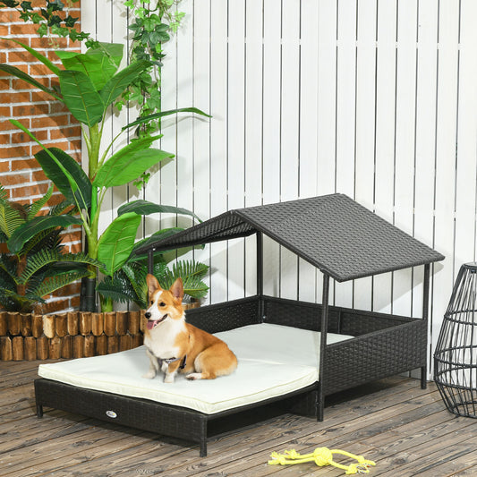 Outdoor Dog House Extendable Wicker Dog Bed with Soft Cushion Washable Cover, for Small and Medium Dogs, Cream White - Gallery Canada