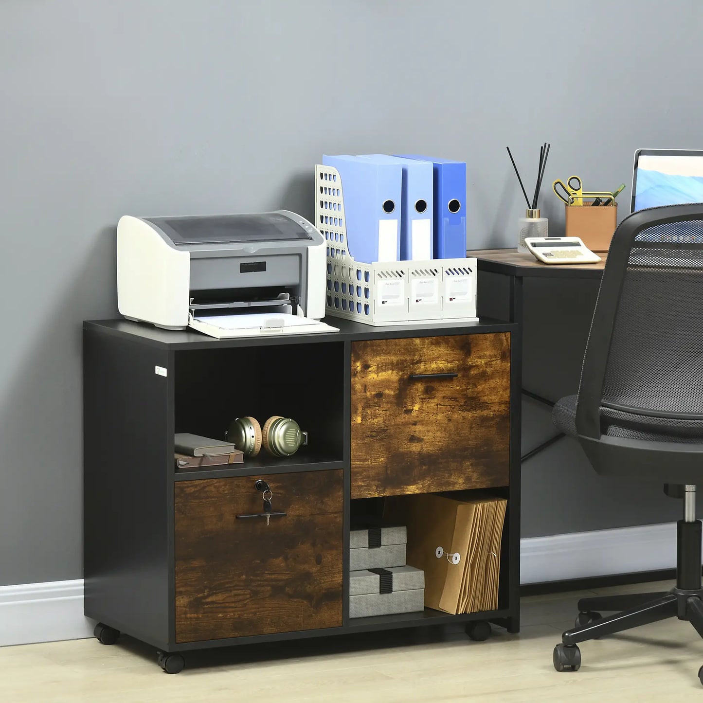 Lateral Filing Cabinet with Drawers, Lock, Wheels, Rustic Brown Office Cabinets & Cupboards at Gallery Canada