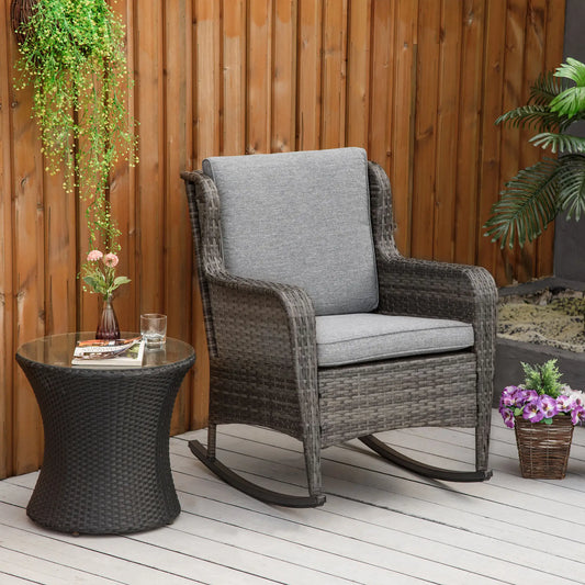 Outdoor Wicker Rocking Chair, PE Rattan Porch Rocker, Grey Outdoor Rocking Chairs Mixed Grey Rattan, Grey Cushion at Gallery Canada