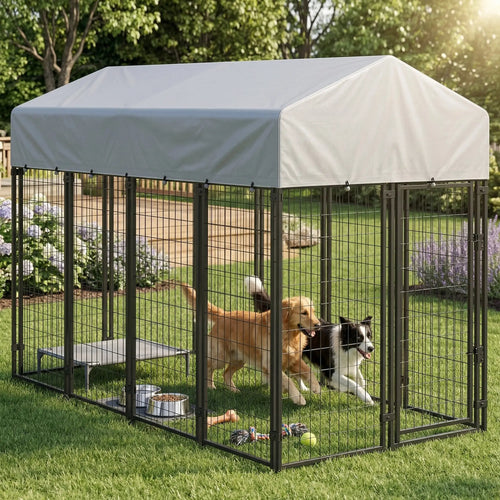 Outdoor Dog Kennel With Roof, 8' x 4' x 6', Heavy Duty Welded Wire Playpen