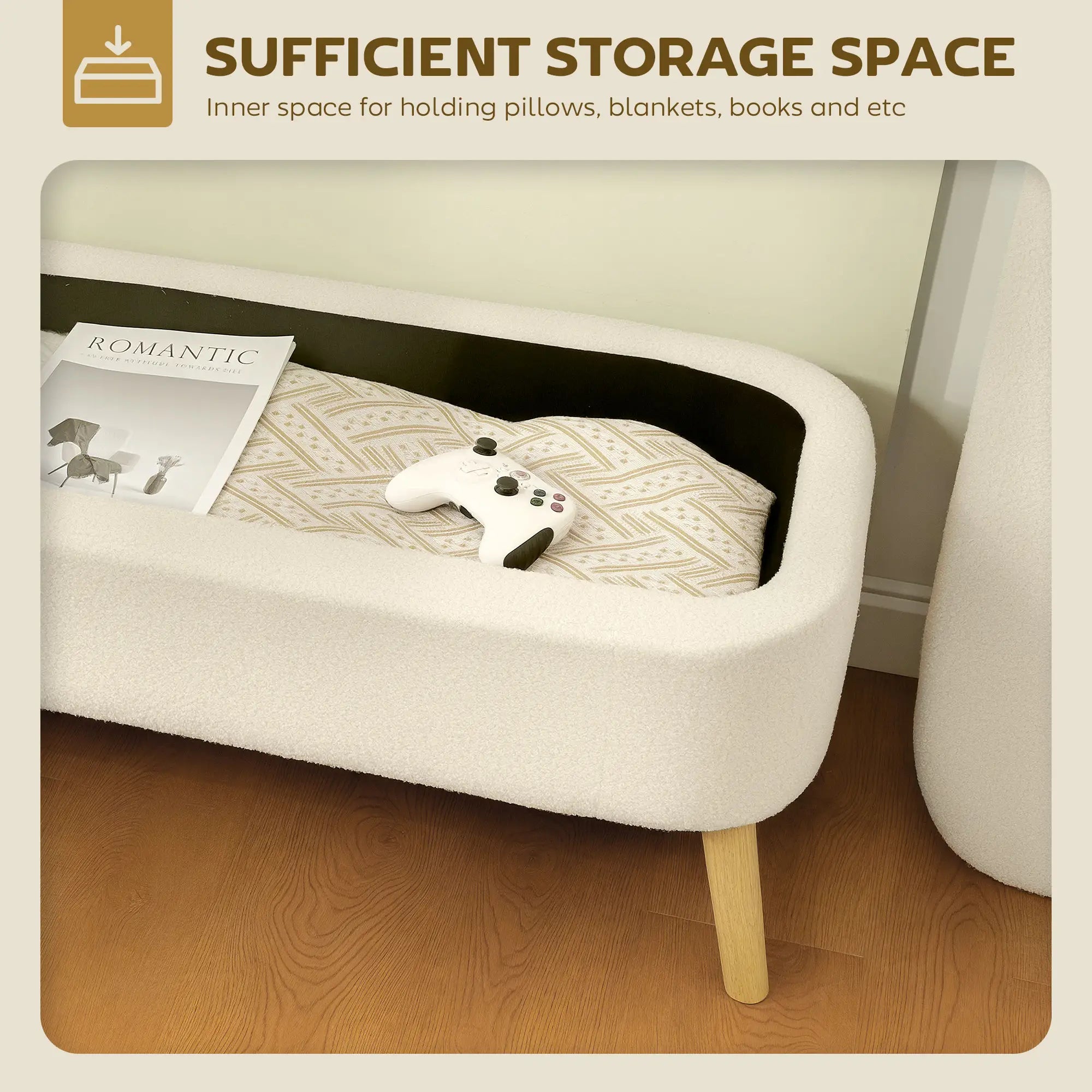 47 Inches Storage Ottoman Bench, Upholstered Teddy Fleece, Beige Storage Ottomans & Benches at Gallery Canada
