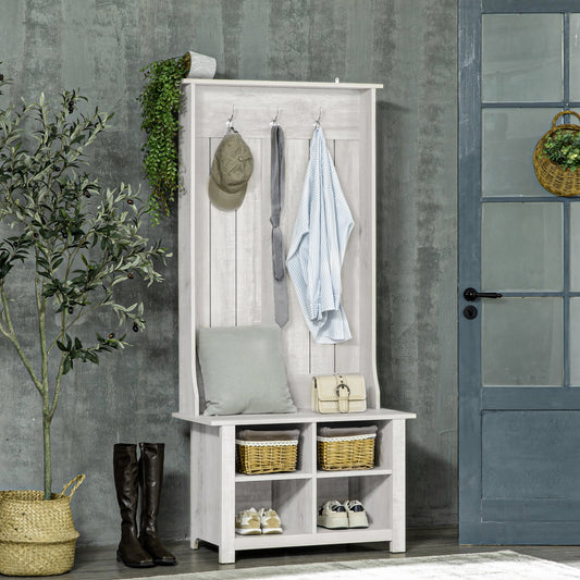 Classic Hall Tree, Accent Coat Tree with Shoe Storage Bench, Adjustable Shelves, 31.5" x 15.5" x 67.5", Distressed White - Gallery Canada