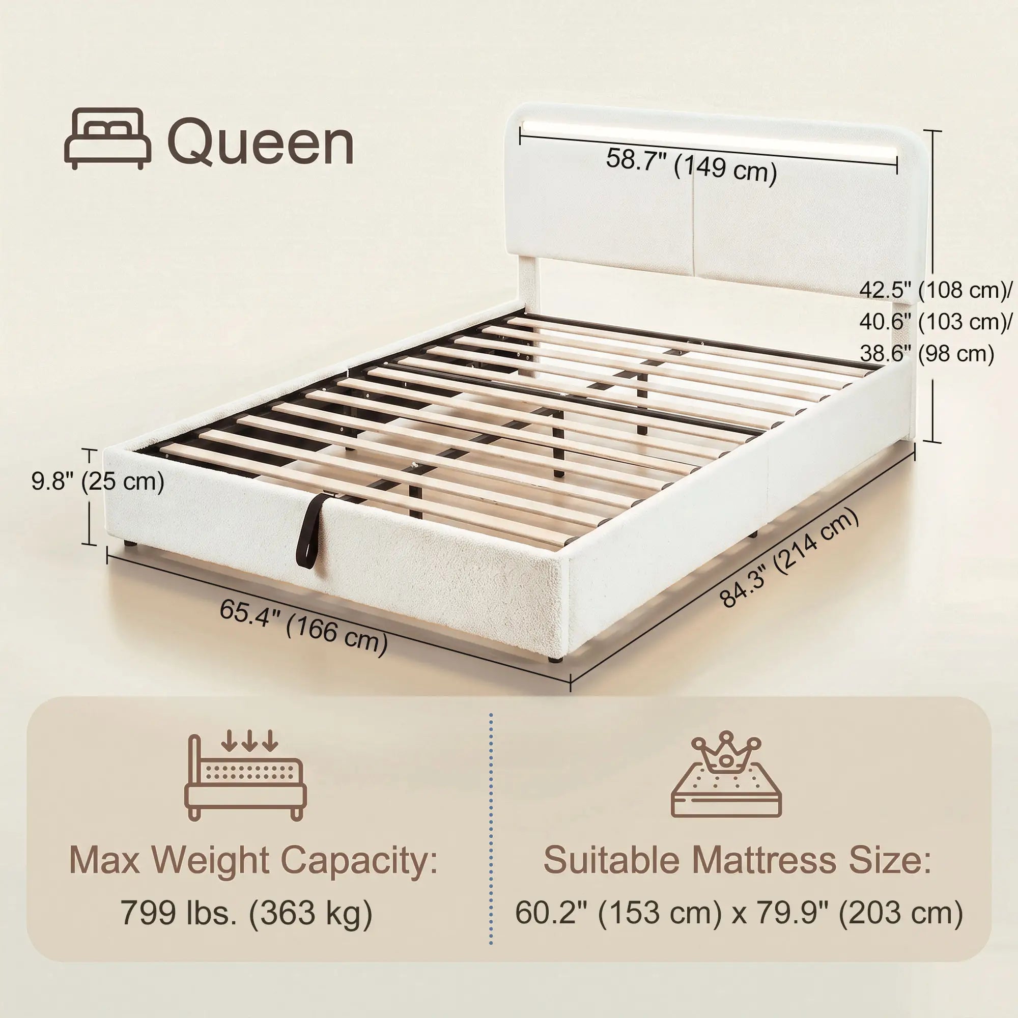 Queen Bed Frame with Charging Station, LED Lights, Adjustable Headboard, White Bed Frames at Gallery Canada
