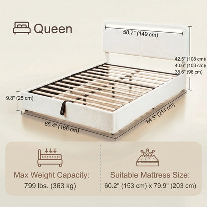 Queen Bed Frame with Charging Station, LED Lights, Adjustable Headboard, White Bed Frames at Gallery Canada