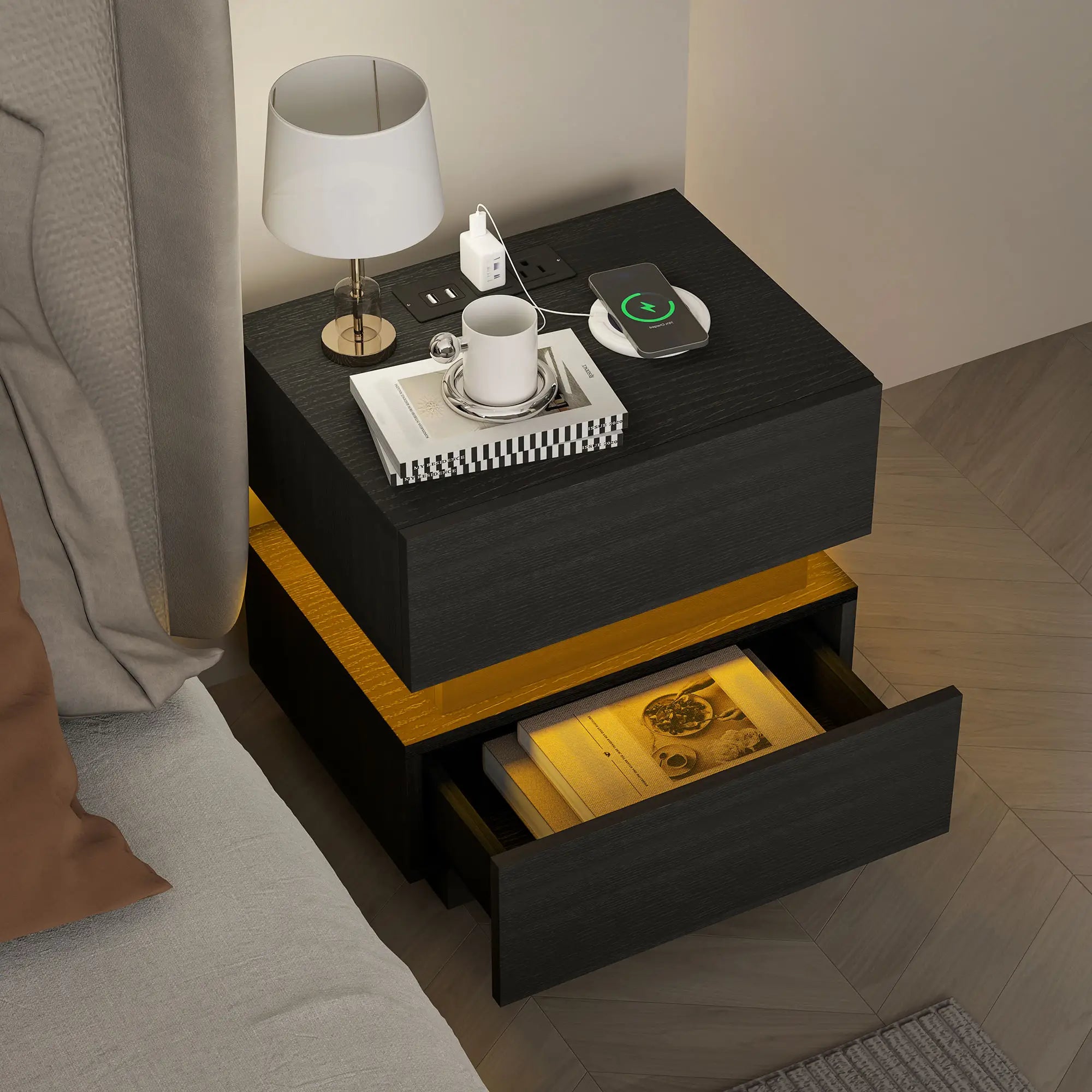 Modern Bedside Table with Charging Station, LED Light, USB Ports, Black Bedside Tables at Gallery Canada