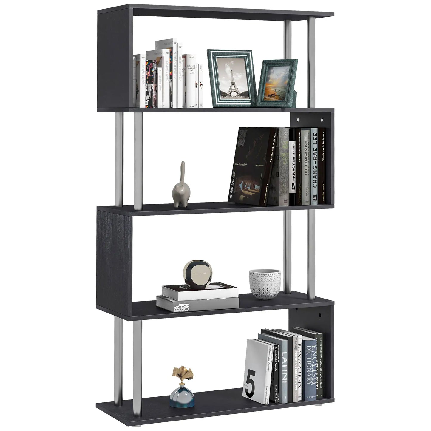 5-Tier Geometric Wooden Bookcase, S-Shaped Storage, Black Display Bookshelves at Gallery Canada