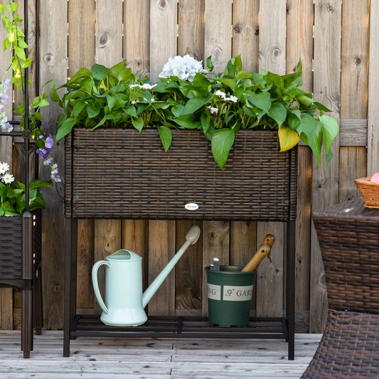 Rattan Raised Garden Box, Elevated Flower Bed with Shelf, Brown Plant Stands at Gallery Canada