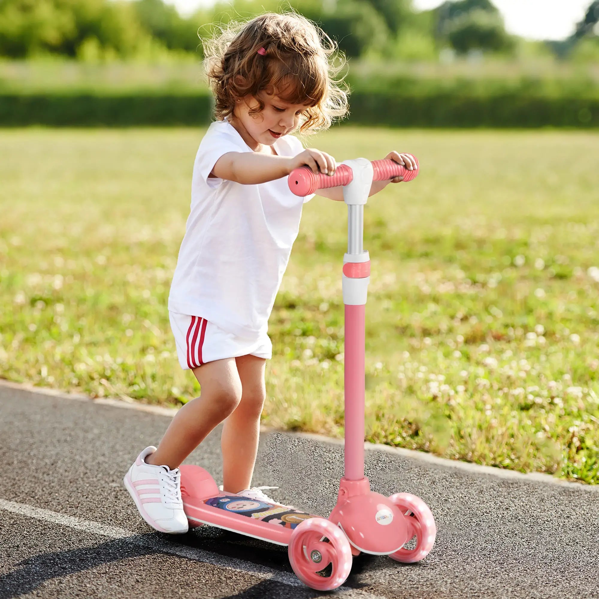 3 Wheel Kids Scooter, Adjustable Height, Rear-Fender Brake, LED Light, Pink Scooters at Gallery Canada