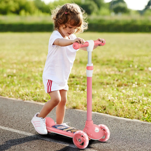 3 Wheel Kids Scooter, Adjustable Height, Rear-Fender Brake, LED Light, Pink