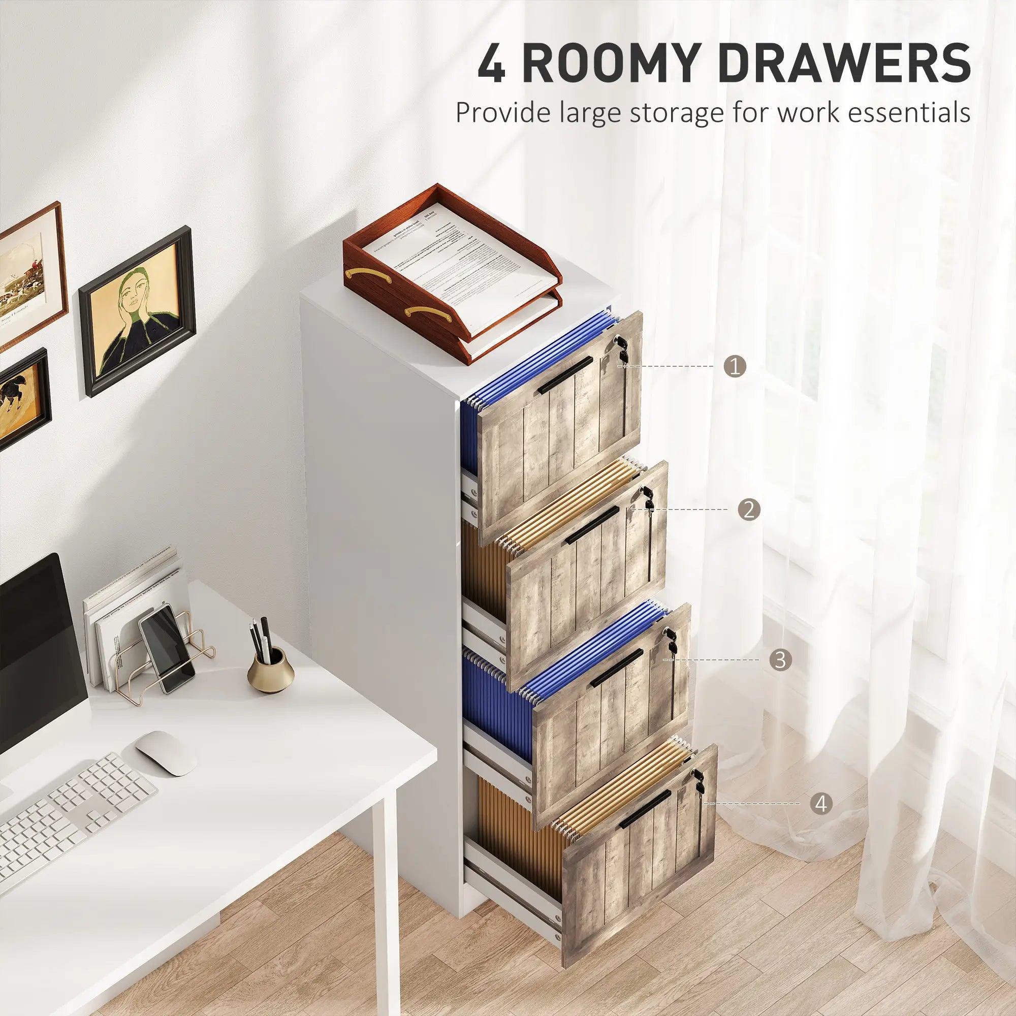 4 Drawer Filing Cabinet, Farmhouse Style, Adjustable Hanging Rails, White Office Cabinets & Cupboards at Gallery Canada