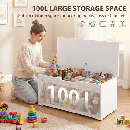 31.5 Inches Storage Chest with Safety Hinge, Wood Grain, White