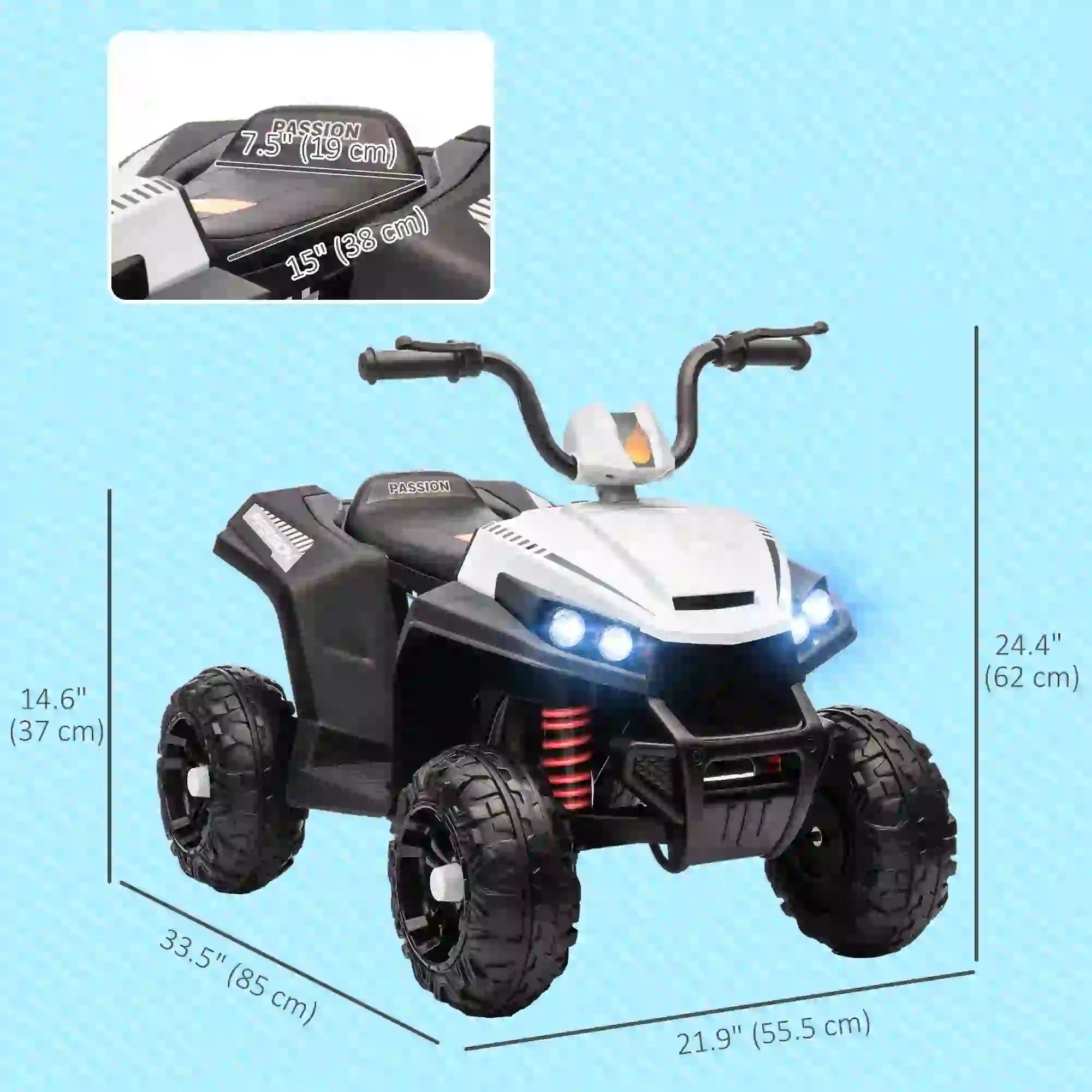 12V Kids ATV, Four Wheels, Spring Suspension, LED Light, MP3, White Electric Ride On Toys at Gallery Canada