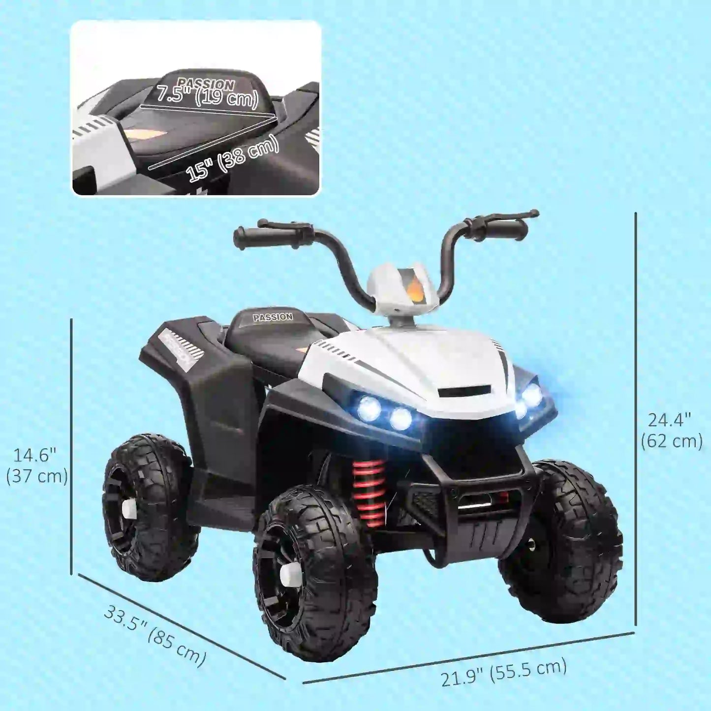 12V Kids ATV, Four Wheels, Spring Suspension, LED Light, MP3, White Electric Ride On Toys at Gallery Canada